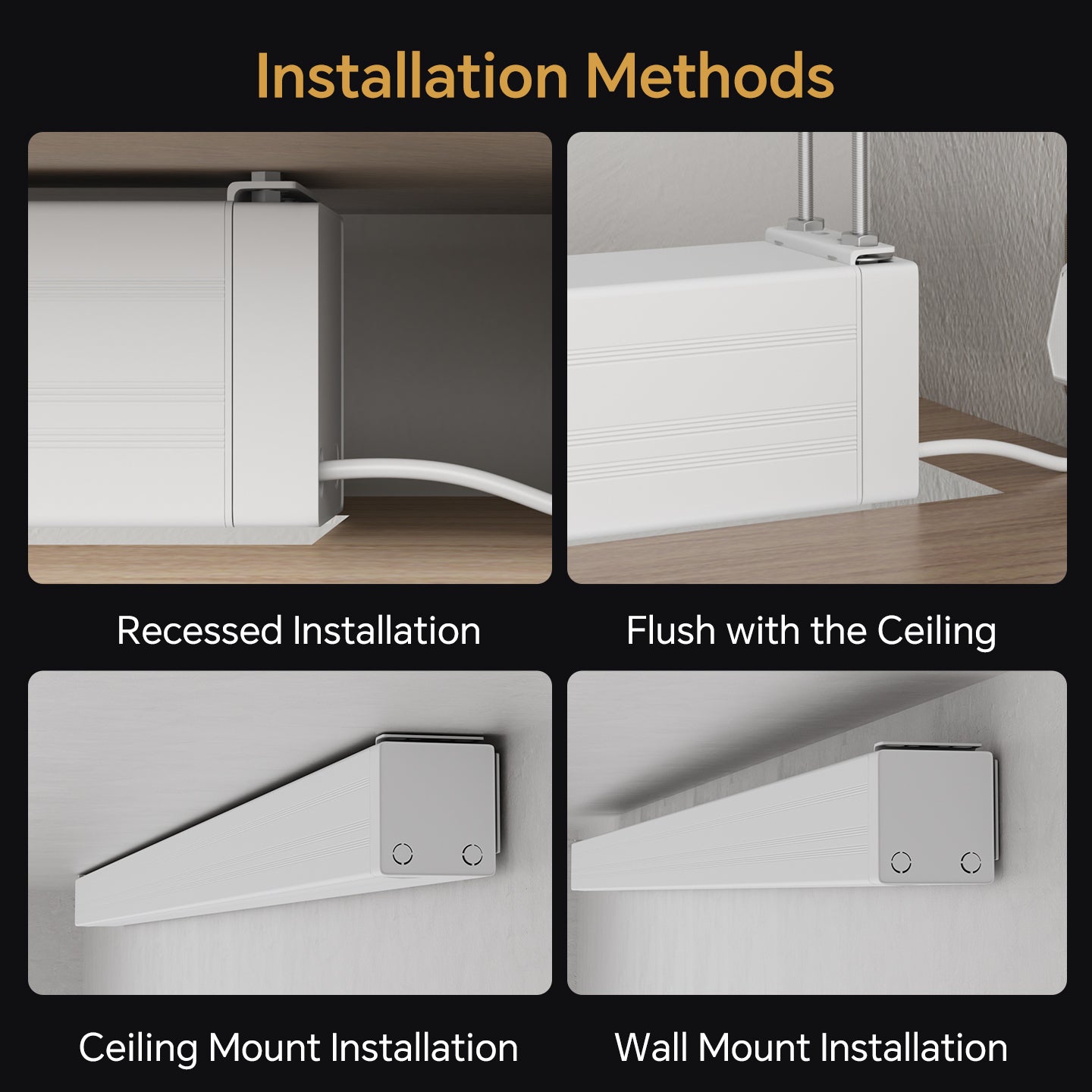 Airuier Rechargeable Retractable Cinematic White Projection Screen - Installation Methods, Recessed Installation, Ceiling Mount Installation