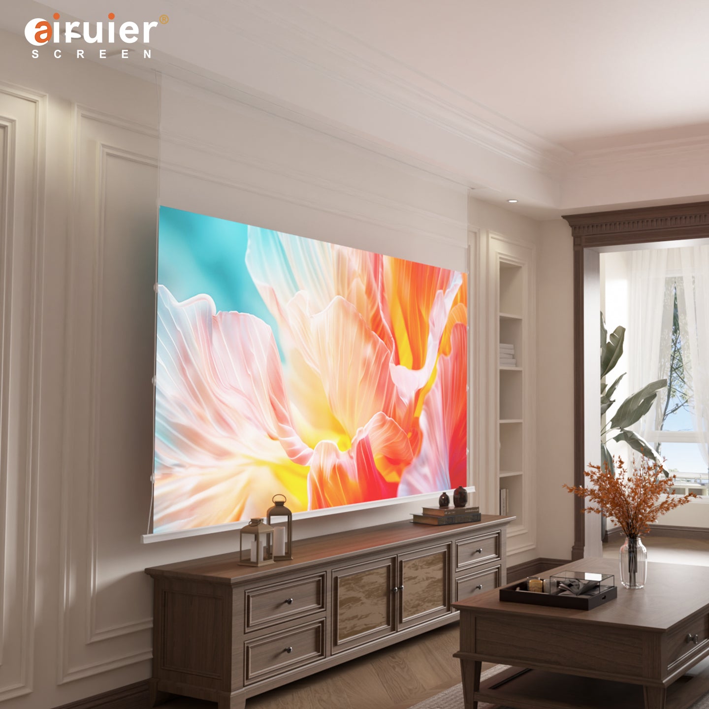 Airuier in-ceiling black photon ALR projection screen with motorized drop-down