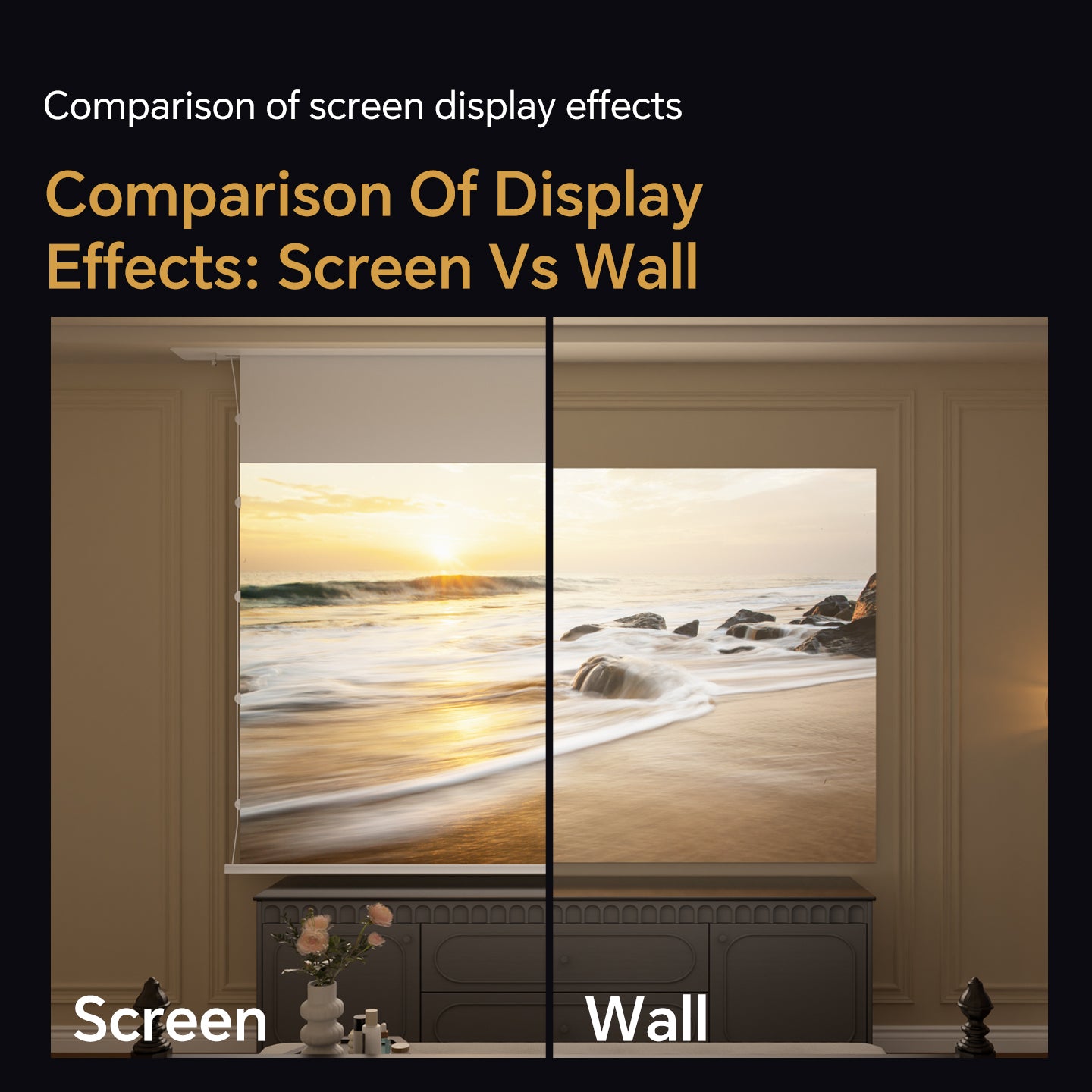 Airuier Recessed In-Ceiling Retractable White Projection Screen - Comparison of screen display effects