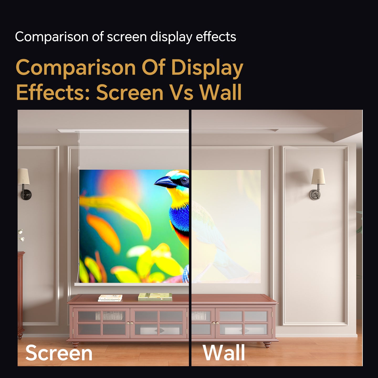Airuier Motorized In-Ceiling Fresnel ALR Drop-Down Screen (Long-Throw) - Comparison of screen display effects